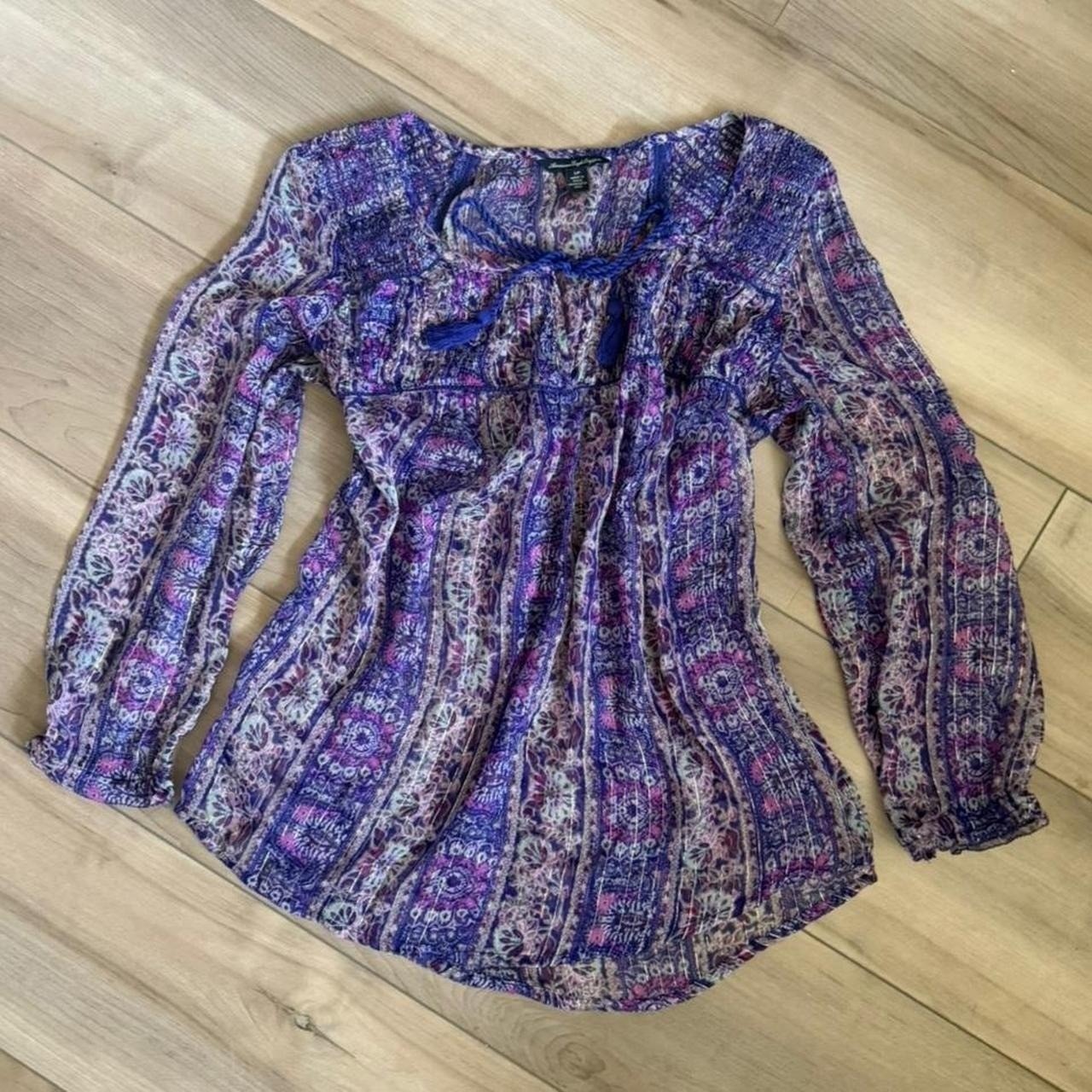 Vintage American Eagle Outfitters Purple Paisley Print Tie Front Top Boho Y2k